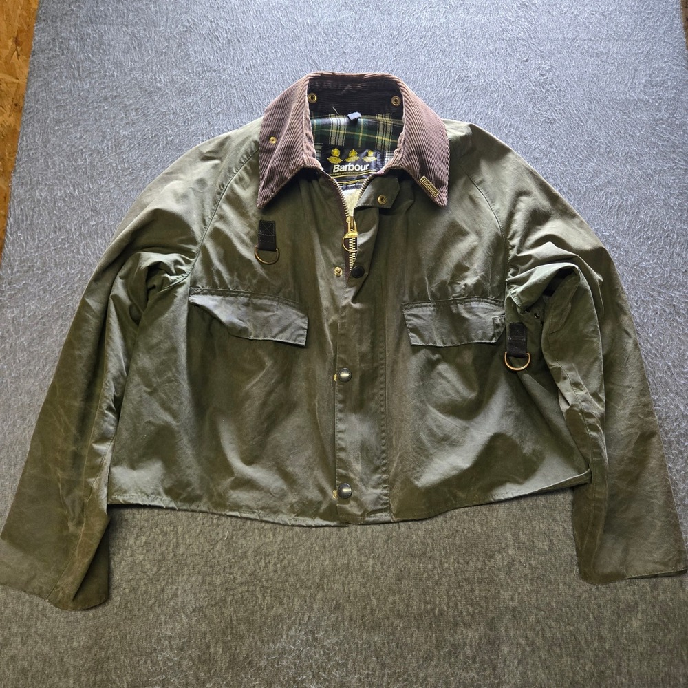 Barbour Olive Green Waxed Cotton Jacket with Brown Corduroy Collar